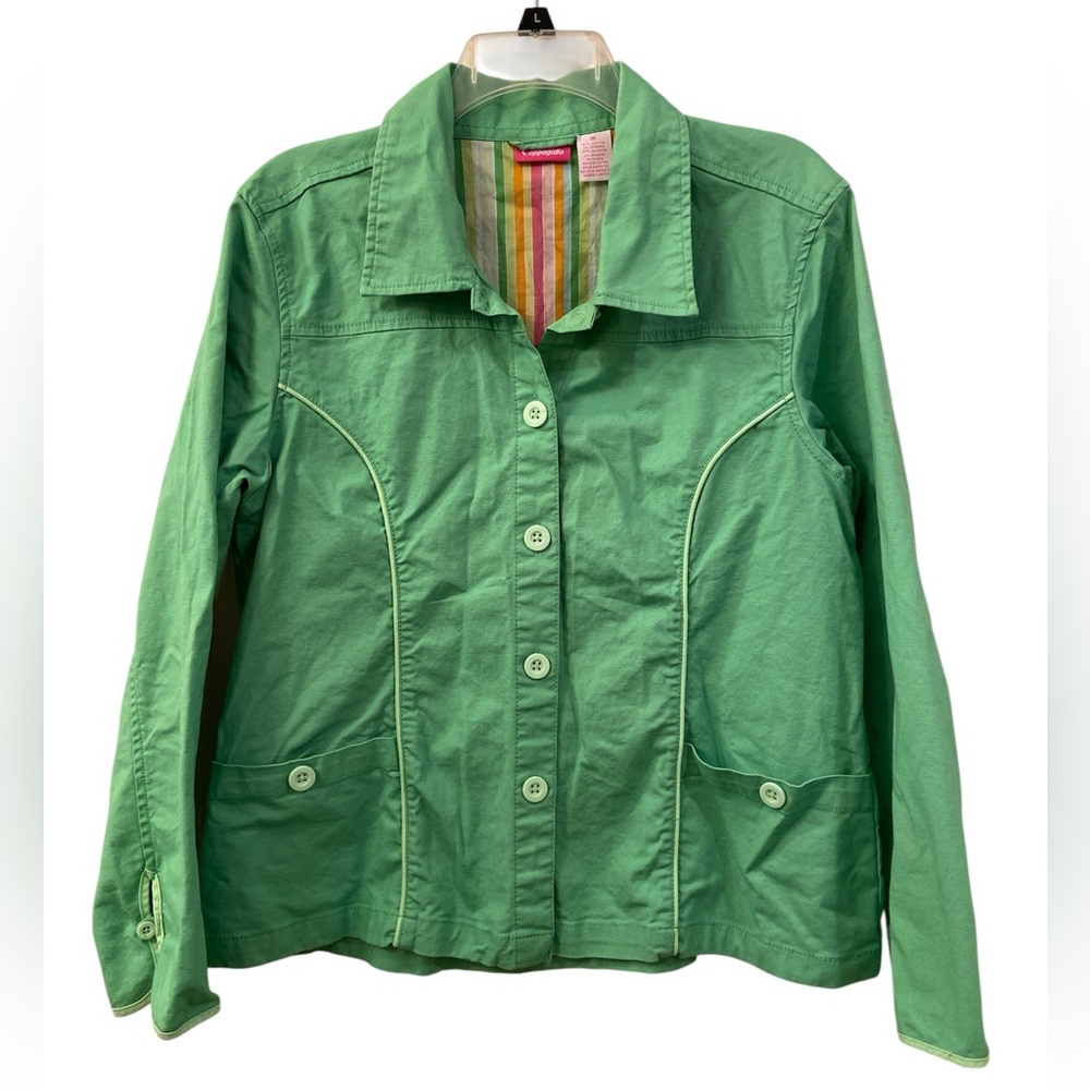 Vintage Pappagallo Jacket Lightweight Green Denim Pockets Piping Detail WM SZ 16